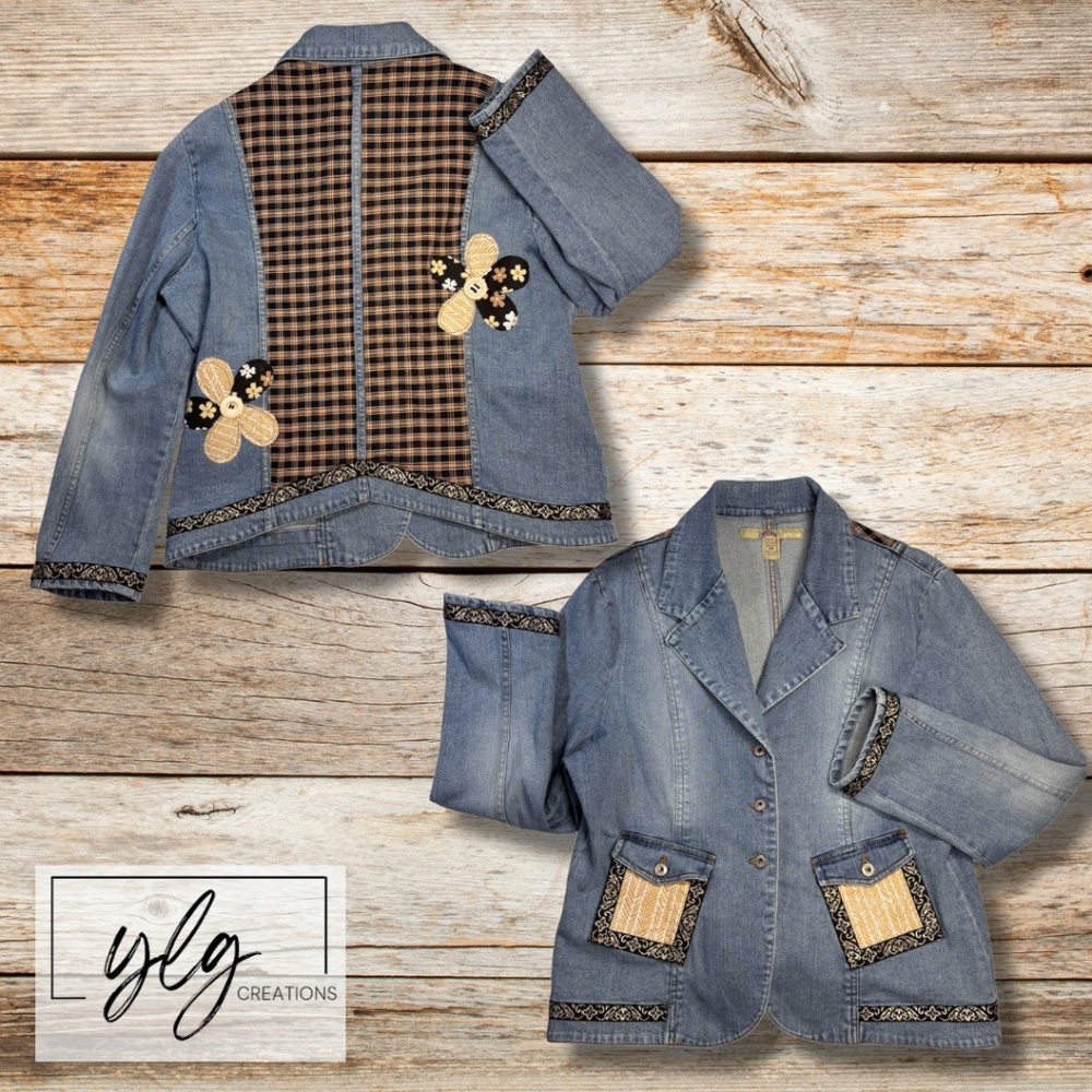 Boho Denim Jacket Plaid Homespun Chic Country Girl Glam Bee Love Western